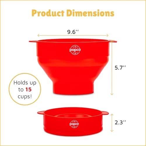 POPCO Red Microwave Popcorn Bowl - Collapsible Silicone Popper with Handles, 15 Cup Capacity | Healthy Snacks in Minutes thumbnail 3