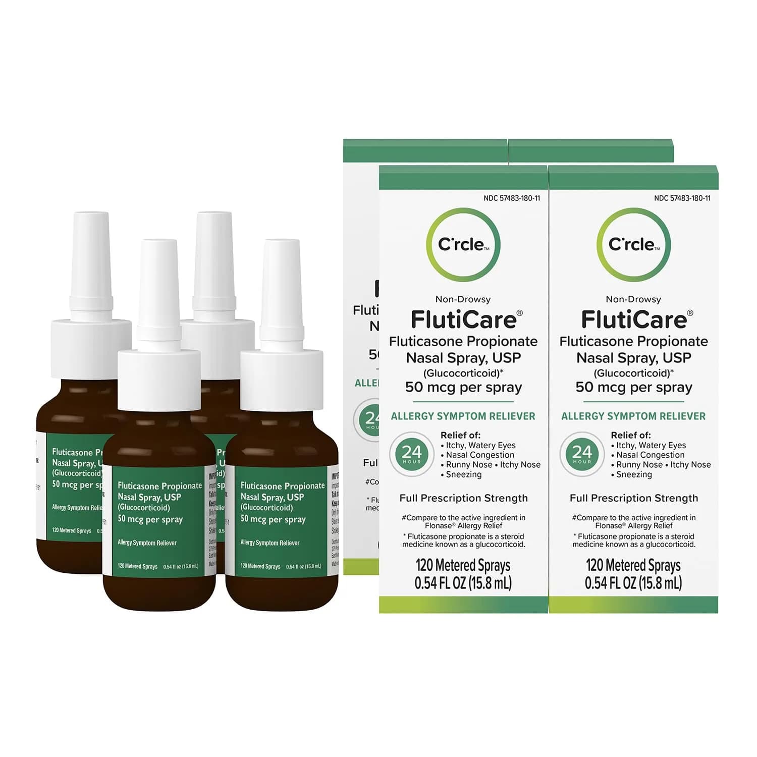 FlutiCare Fluticasone Allergy Nasal Spray 0.54 Fl Oz (Pack of 4) | 24-Hour Non Drowsy Relief