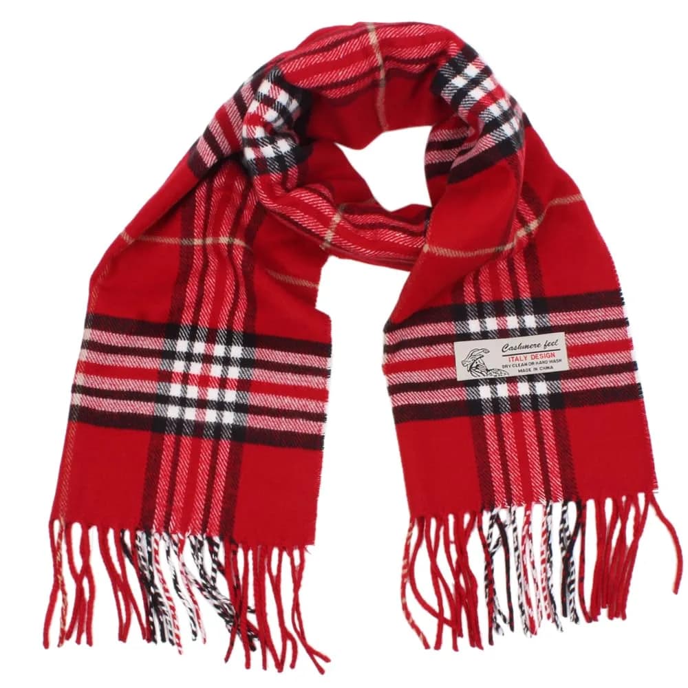TZ Promise Plaid Cashmere Feel Scarf 183cm (72in) x 30.5cm (12in) | Soft Viscose Wrap for Men & Women — Red