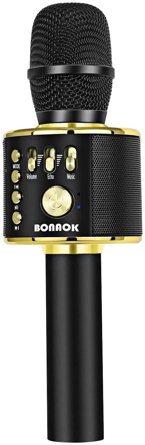 BONAOK Wireless Bluetooth Karaoke Microphone Q37 Black | Portable Handheld Mic Speaker for Smartphones & Parties — Black Gold