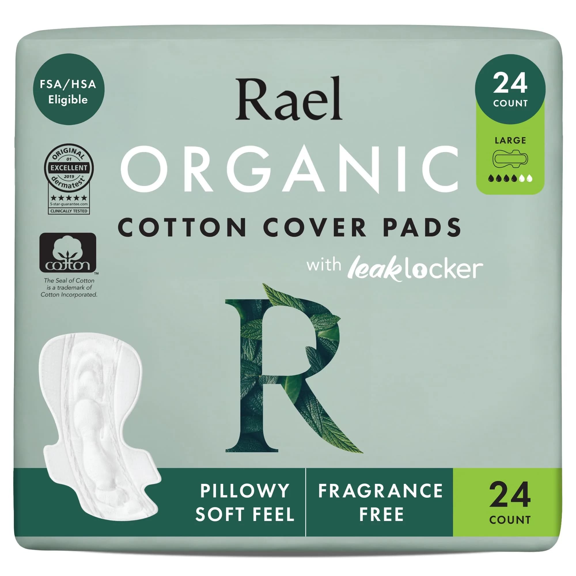 Rael Organic Cotton Cover Pads for Women, Heavy Absorbency, Unscented (Large, 24 Count) | USA Imported Feminine Care
