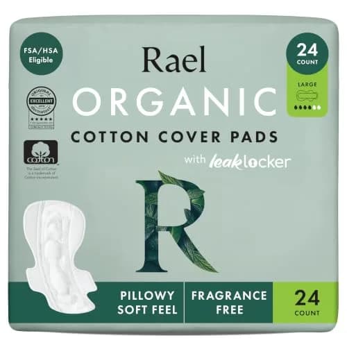 Rael Organic Cotton Cover Pads for Women, Heavy Absorbency, Unscented (Large, 24 Count) | USA Imported Feminine Care thumbnail 1