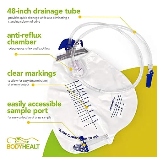 BodyHealt Urinary Drainage Bag with Anti-Reflux Chamber, 2000 mL Vinyl with 48" Drainage | Leak-Resistant, Odor Containment, 2 Pack thumbnail 5