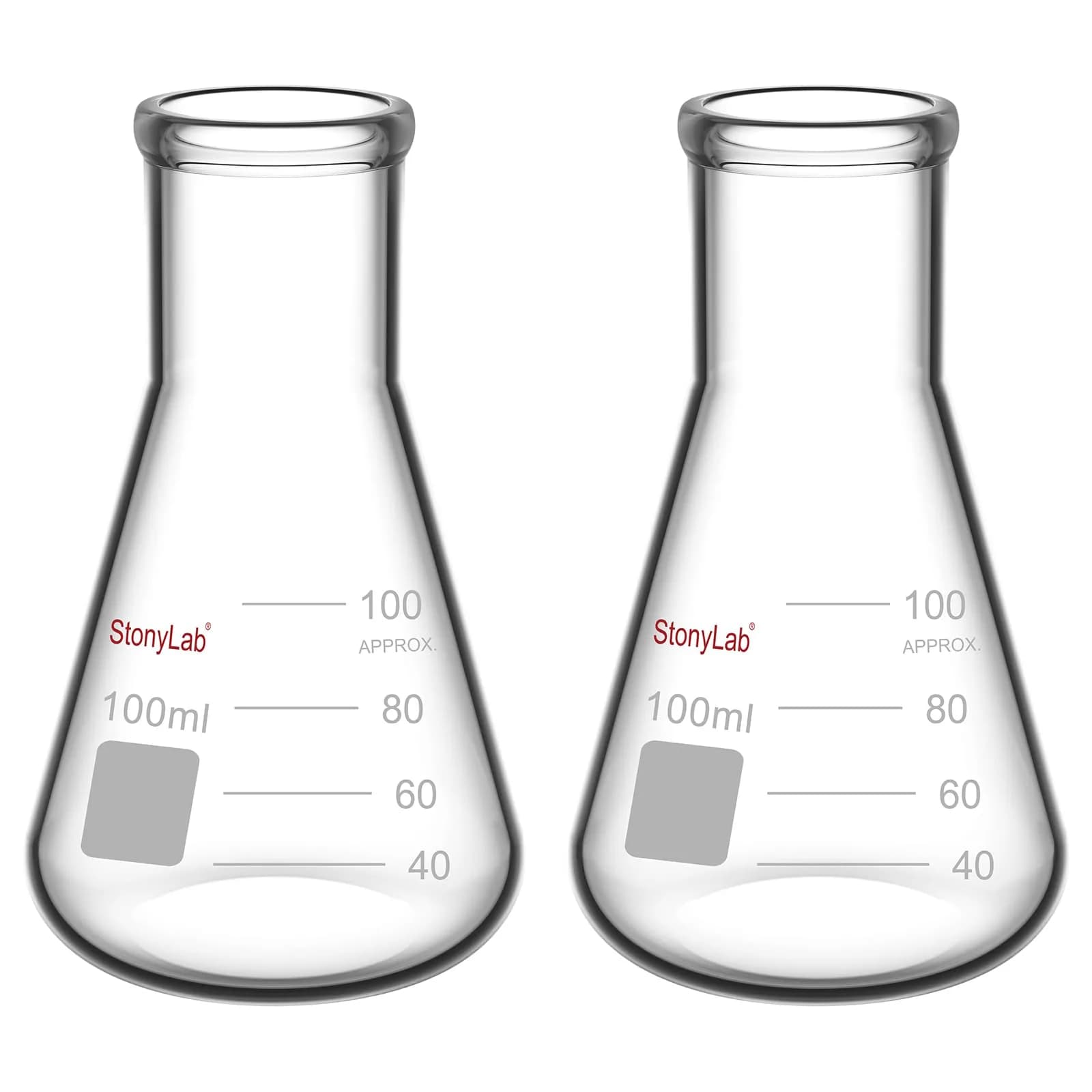 StonyLab 2-Pack Glass 50ml Heavy Wall Narrow Mouth Erlenmeyer Flasks | Borosilicate Labware for Precise Experiments — 100 ml