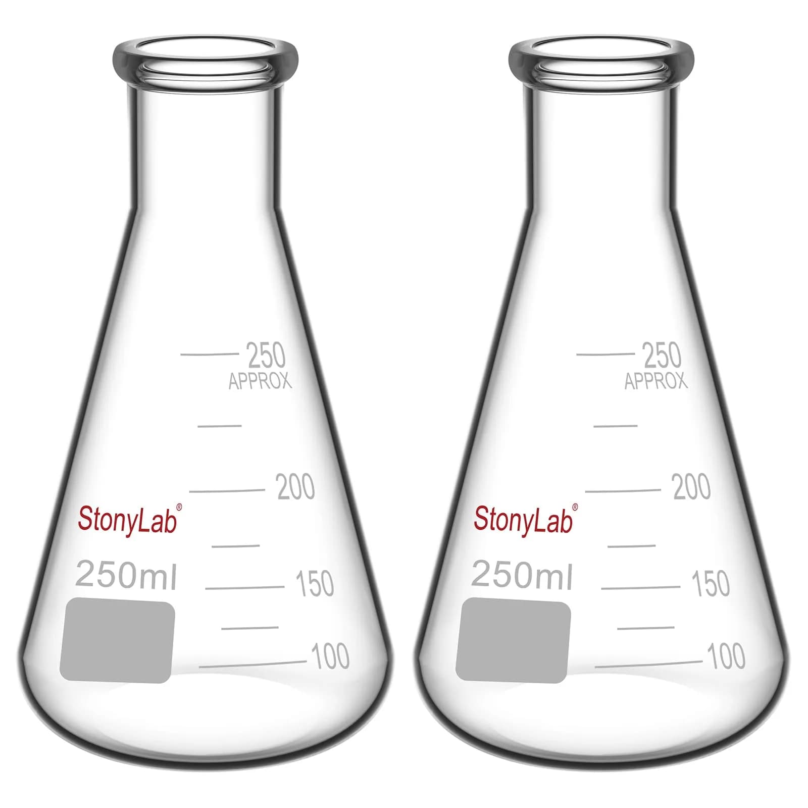 stonylab 2000 ml Narrow Mouth Erlenmeyer Glass Flask | Heavy Duty Rim, 2 L, Borosilicate — 250 ml