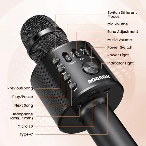 BONAOK Wireless Bluetooth Karaoke Microphone Q37 Black | Portable Handheld Mic Speaker for Smartphones & Parties thumbnail 5