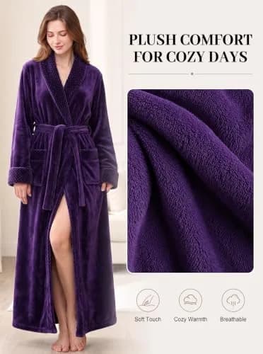 Artfasion Women's Long Flannel Bathrobe Ultra Soft Plush Microfiber Fleece Robe, Purple, Large/X-Large thumbnail 2