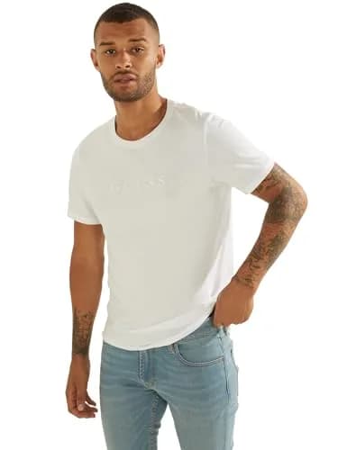 GUESS Mens Essentials Short Sleeve Embroidered Logo Crew Shirt, Pure White, Medium US | Classic Cotton Fit thumbnail 1