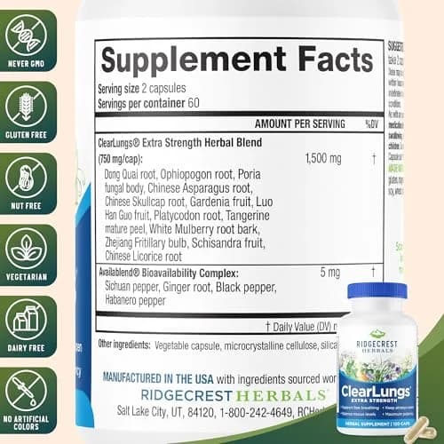 RidgeCrest Herbals ClearLungs Extra Strength Lung Support 120 Ct | Natural Respiratory Aid for Adults thumbnail 3