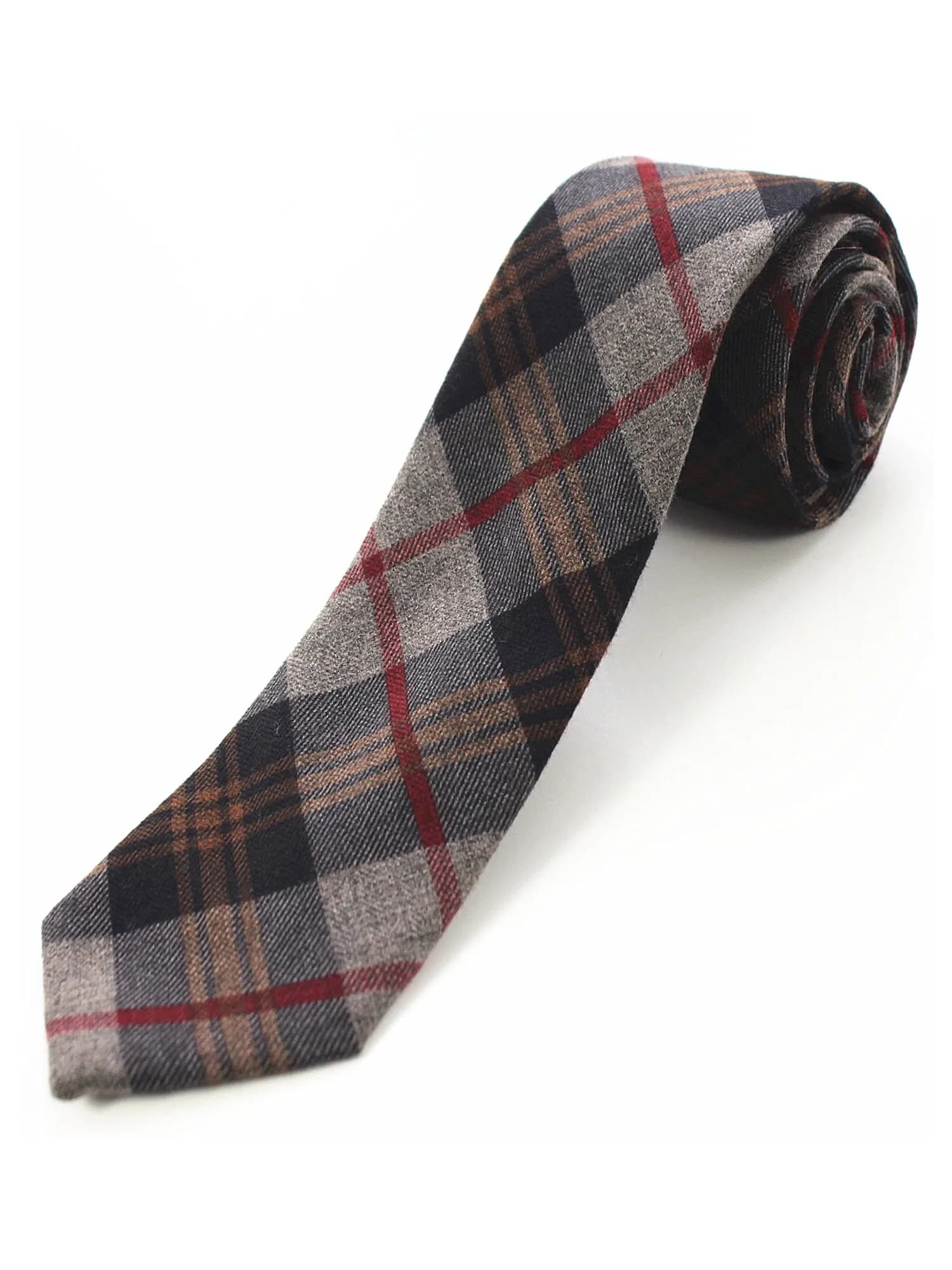 JEMYGINS 2.4" Mens Cotton Skinny Tie Plaid Cashmere Wool | Unique Design for Formal & Party Wear — Grey Red