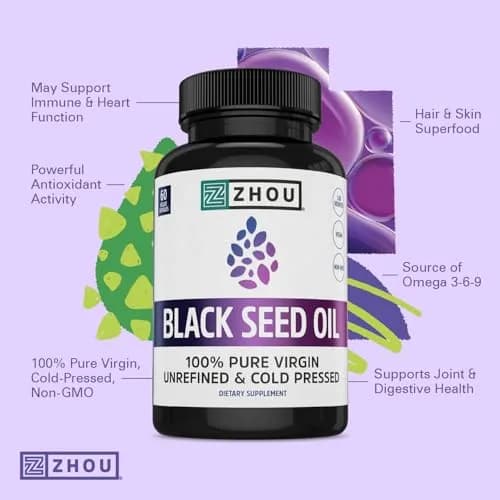 ZHOU Black Seed Oil Capsules 60 Count (Pack of 1) | Immune & Digestive Support with Thymoquinone thumbnail 3