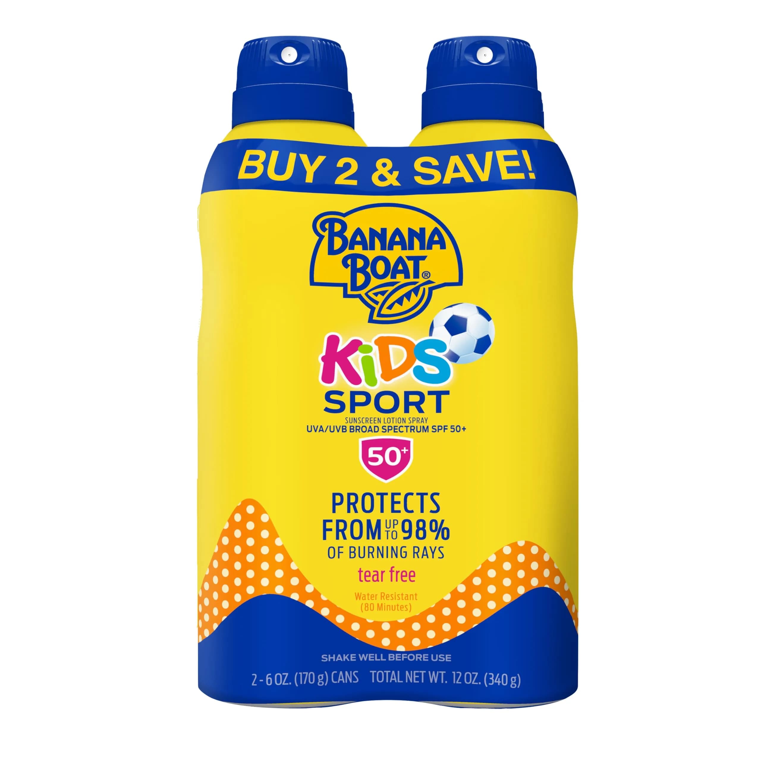 Banana Boat Kids Sport SPF 50 Sunscreen Spray 177ml (6oz) | Tear-Free, Sting-Free Protection — Twin Pack