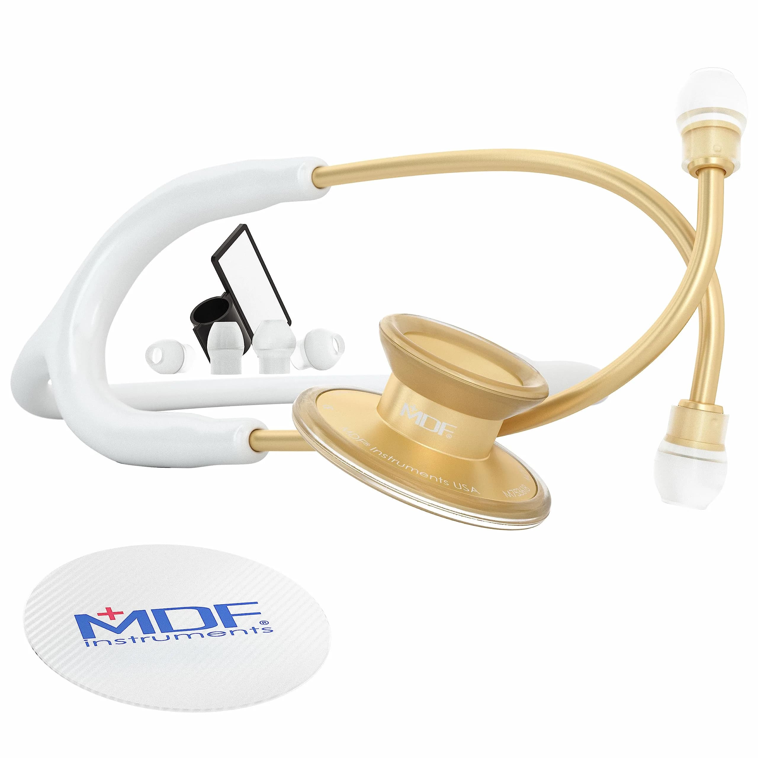 MDF Instruments Acoustica Lightweight Stethoscope for Adults Dual Head White Tube Gold Chestpiece | Trusted Diagnostic Tool
