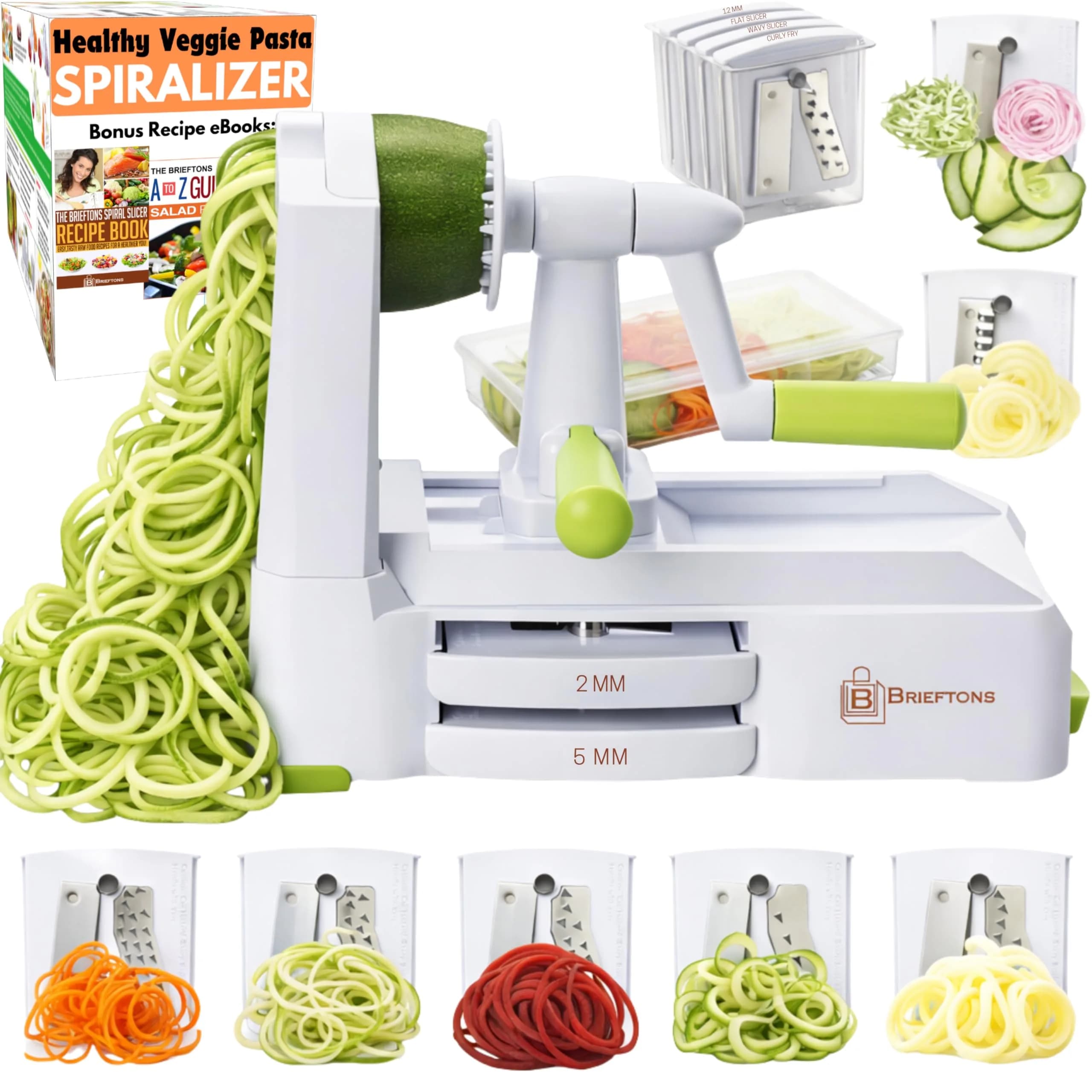 Brieftons 10-Blade Vegetable Spiralizer: Zoodle Maker & Veggie Noodle Maker, Potato String & Curly Fry Cutter, Japanese Steel Blades, Catch Container, Strong Suction Pad, 4 eBooks (10-Piece Set) — White ( 7 Blades )