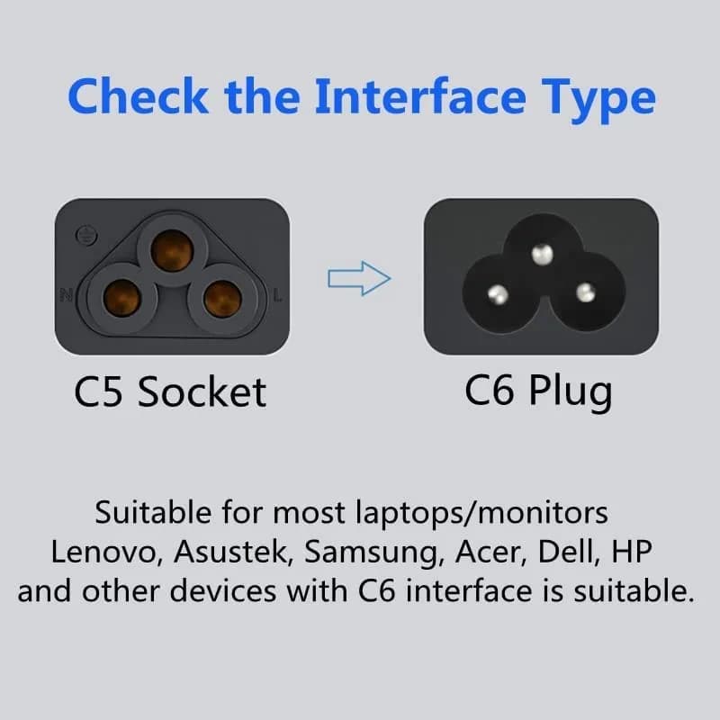 Tekit IEC C14 to C5 Power Cord 1.8m (6ft) | 3-Prong Laptop Power Cable Replacement thumbnail 2