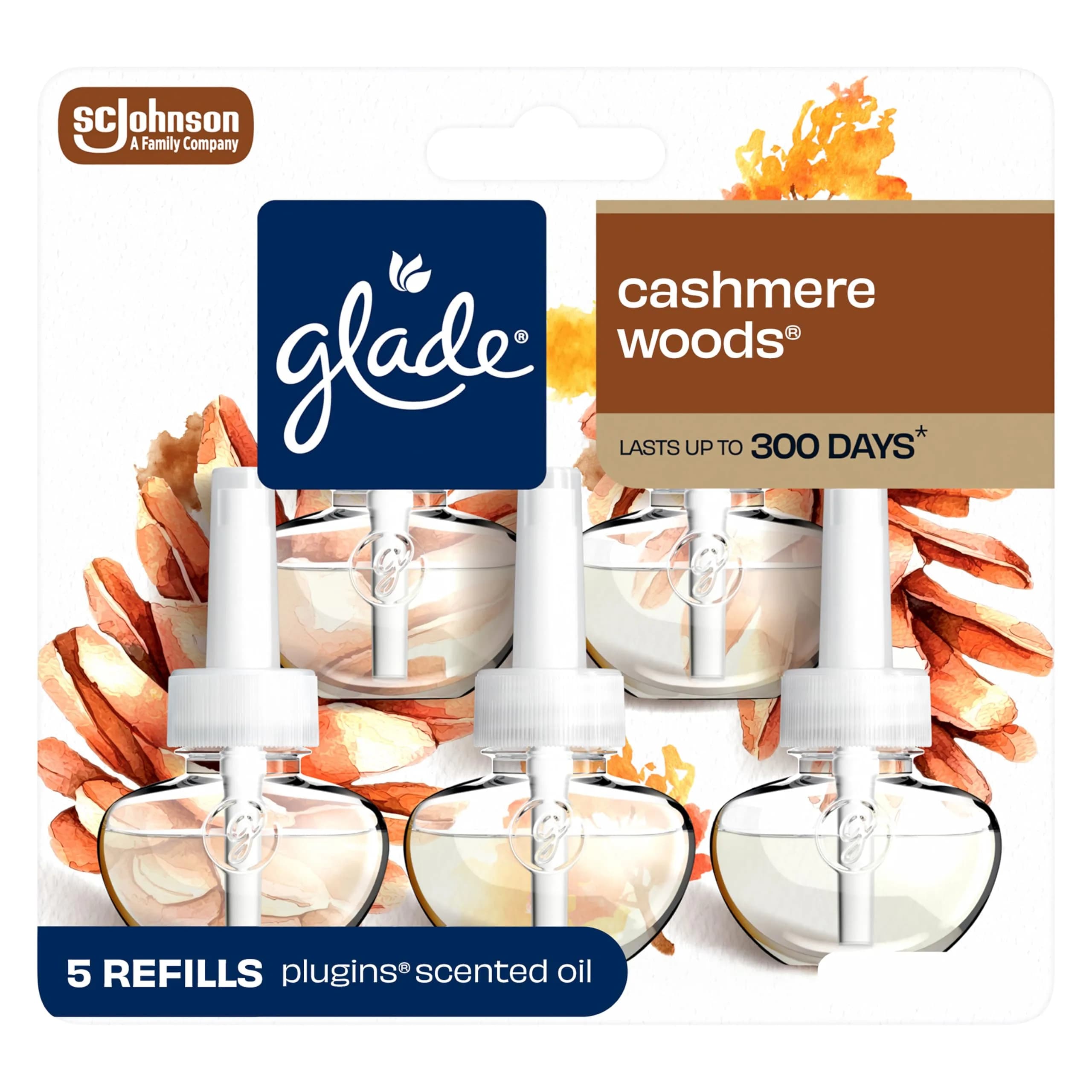 Glade PlugIns Refills Air Freshener, Cashmere Woods Scent, 3.35 Fl Oz Each (5 Count Pack) | Essential Oils for Home & Bathroom