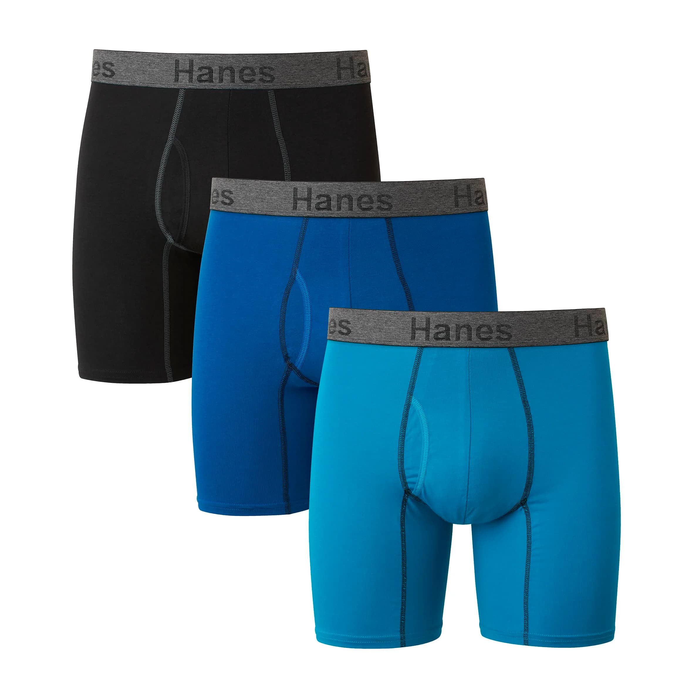 Hanes Men's 3-Pack Comfort Flex Fit Ultra Soft Stretch Boxer Briefs, Long Leg Assorted, X-Large | Breathable Support for Daily Wear — Blue/Black / XX-Large