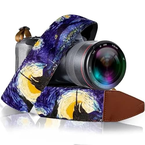Art Tribute Van Gogh Starry Night Camera Strap | Adjustable Neck, Shoulder & Crossbody, Fits All Cameras, Padded Cotton Weave, Quick Release, Leather Ends thumbnail 1