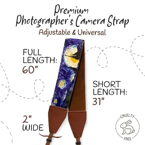 Art Tribute Van Gogh Starry Night Camera Strap | Adjustable Neck, Shoulder & Crossbody, Fits All Cameras, Padded Cotton Weave, Quick Release, Leather Ends thumbnail 5
