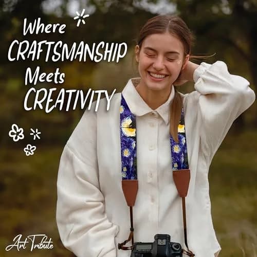 Art Tribute Van Gogh Starry Night Camera Strap | Adjustable Neck, Shoulder & Crossbody, Fits All Cameras, Padded Cotton Weave, Quick Release, Leather Ends thumbnail 8