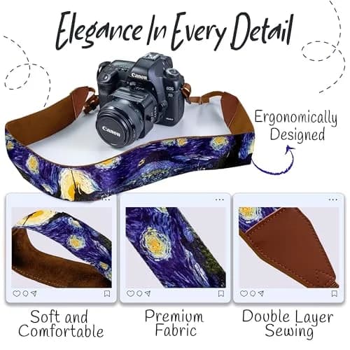 Art Tribute Van Gogh Starry Night Camera Strap | Adjustable Neck, Shoulder & Crossbody, Fits All Cameras, Padded Cotton Weave, Quick Release, Leather Ends thumbnail 3