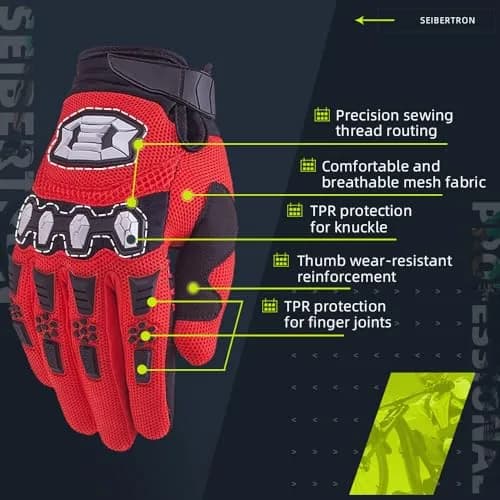 Seibertron Unisex MX ATV MTB Racing Gloves - Full Finger Touchscreen Glove for Bicycle Cycling Mountain Biking Motorcycle and Motocross Red L | Impact & Grip thumbnail 3
