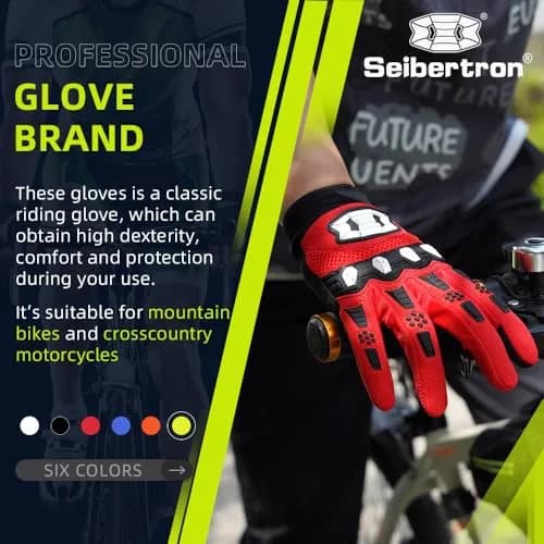 Seibertron Unisex MX ATV MTB Racing Gloves - Full Finger Touchscreen Glove for Bicycle Cycling Mountain Biking Motorcycle and Motocross Red XL | Durable, Fitted, Impact-Resistant thumbnail 2