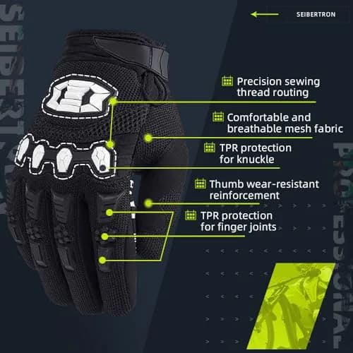 Seibertron Unisex MX ATV MTB Racing Gloves XL Black | Full Finger Touchscreen Protection thumbnail 3