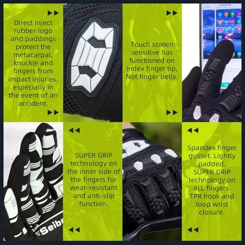 Seibertron Unisex BMX MX ATV MTB Racing Gloves - Full Finger, Black M | Touch Recognition for Road Racing & Motorcycle Sports thumbnail 5