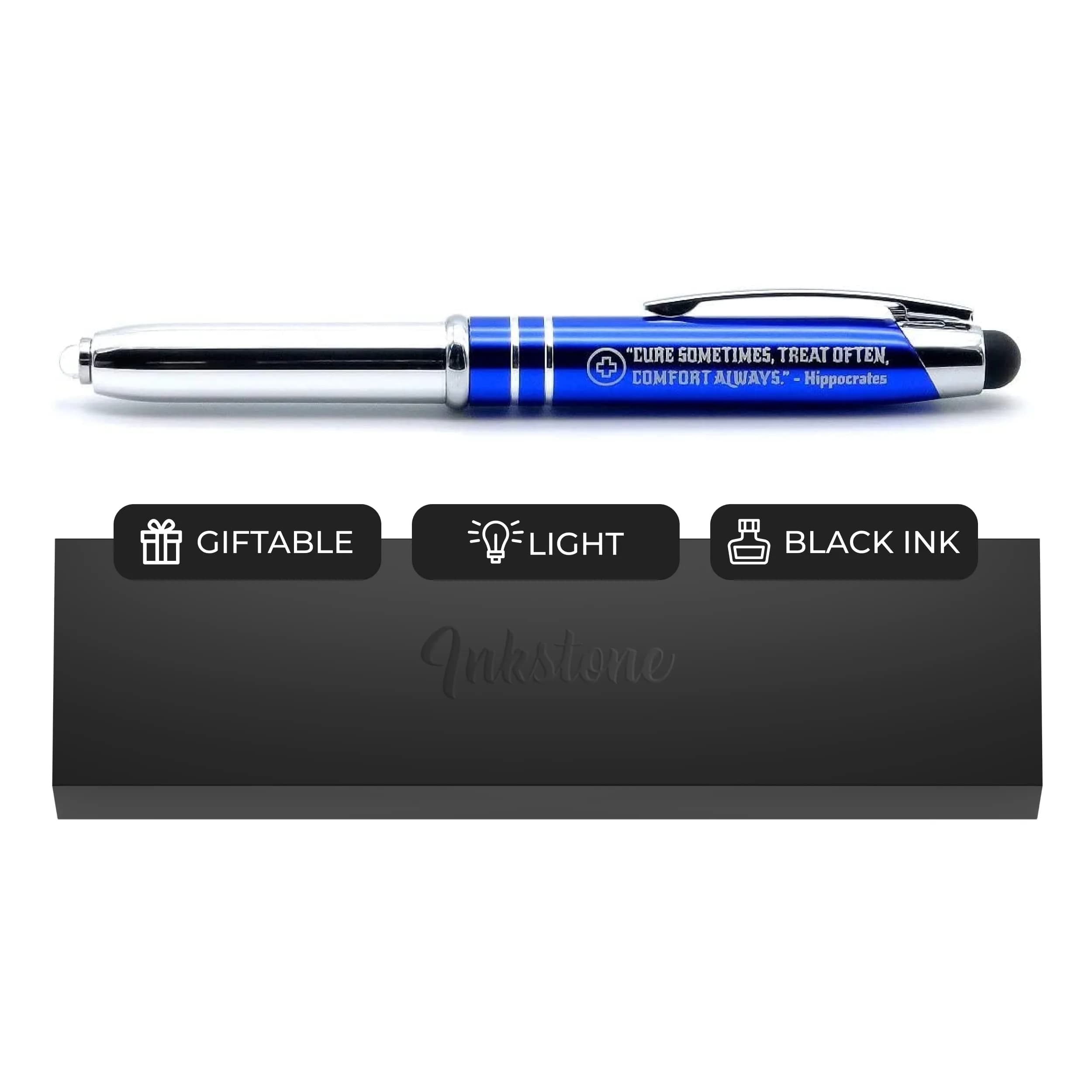 Inkstone Medical Quote Stylus Pen with LED Light & Black Ink | 0.5mm Fine Point, Refillable, Blue Body — Multicolor