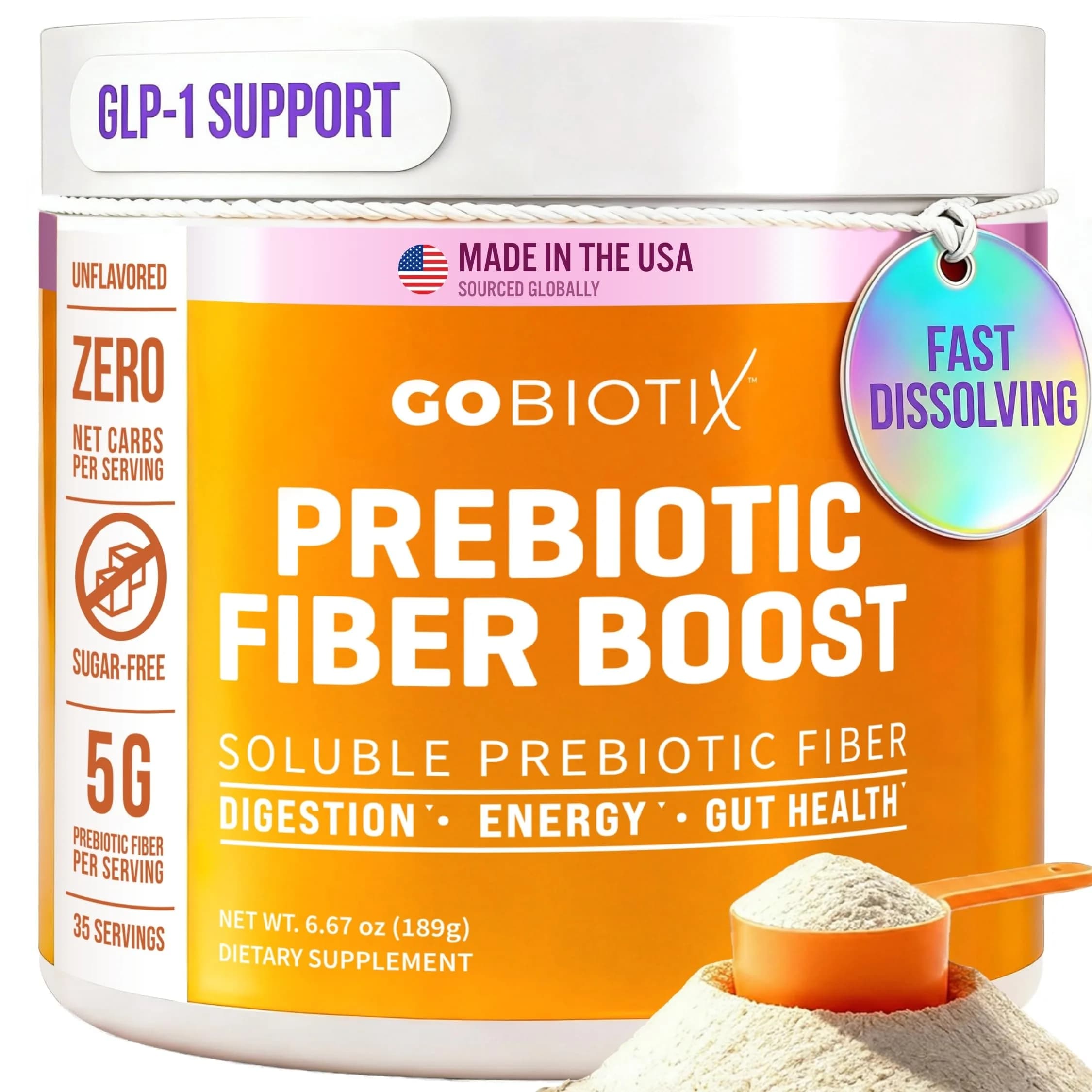 GOBIOTIX Fiber Supplement Powder with Prebiotics for Digestive Health & GLP-1 Support, Soluble Fiber for Gut & Debloat, Vegan, Gluten & Sugar Free, 35 Servings - main product image