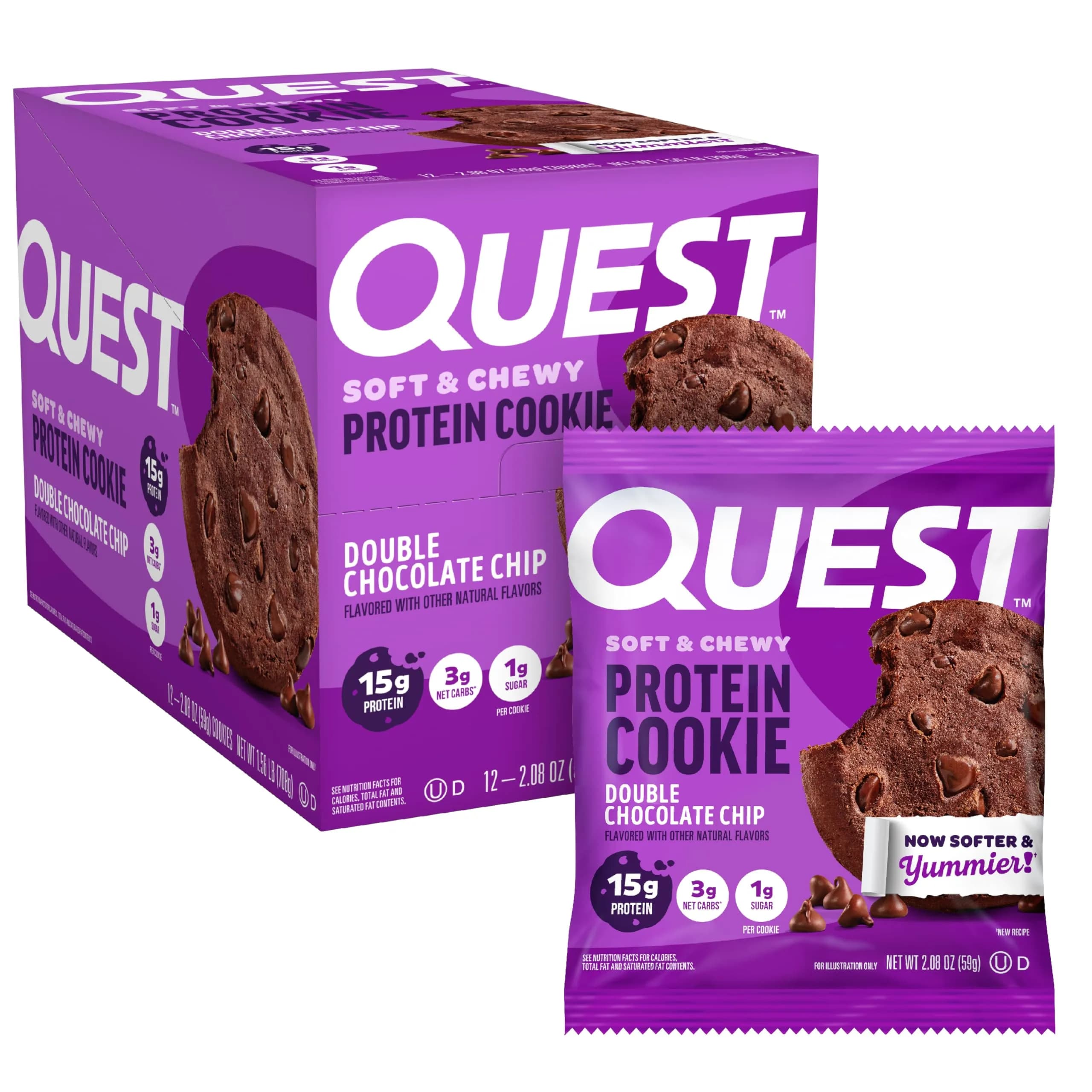 Quest Double Chocolate Chip Protein Cookie 59g (2.08 oz) | 15g Protein, Gluten-Free, Low Carb