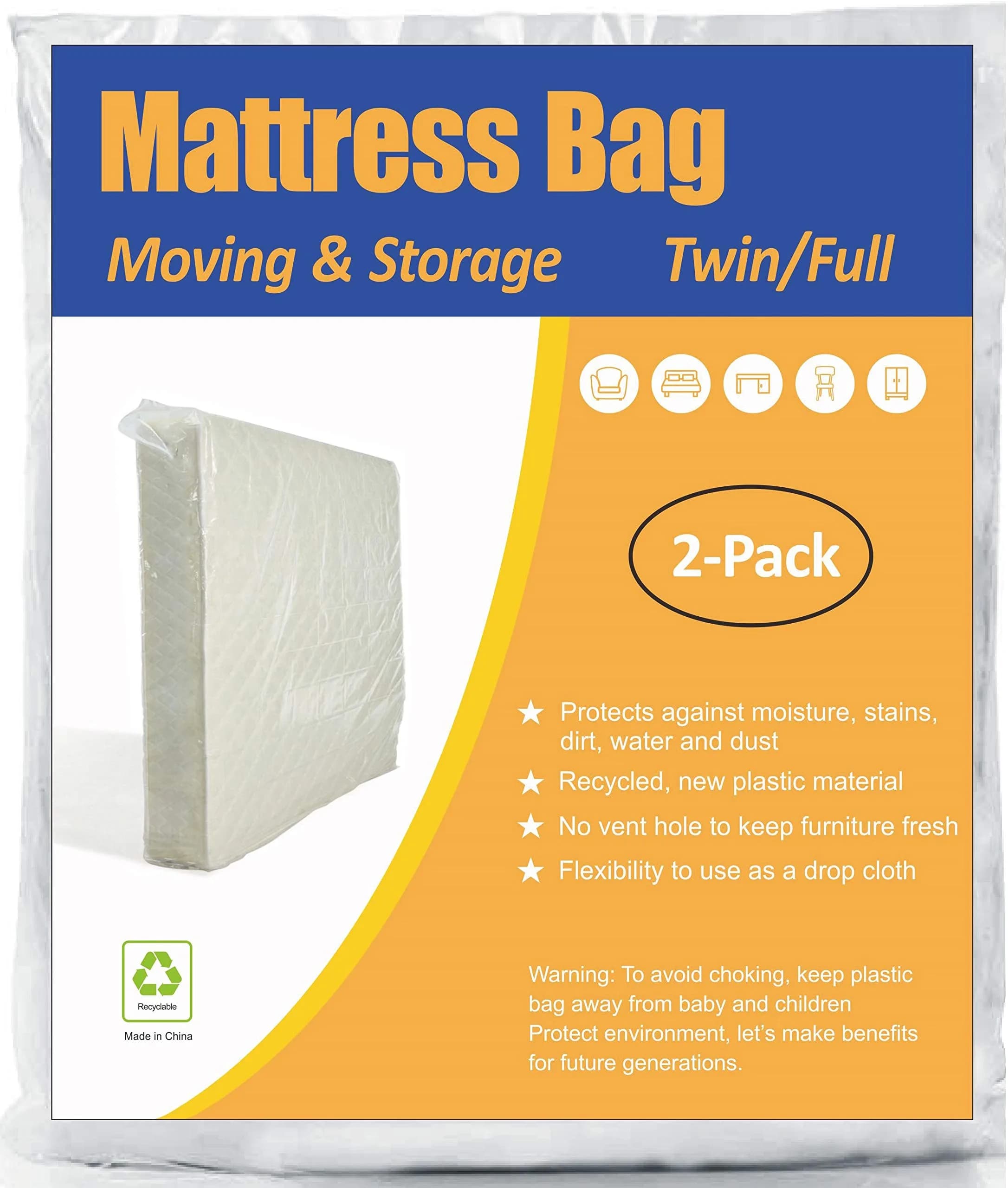 ComfortHome Queen/King Mattress Moving & Storage Bag 2-Pack | 1.5 Mil Thick Polyethylene, Fits Up to 14" Deep — Clear