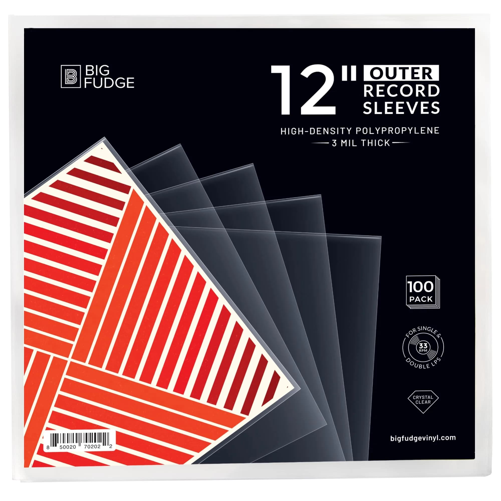 Big Fudge 12" Vinyl Record Sleeves - Outer Sleeves 100 Pack - Crystal Clear High-Density Polypropylene Vinyl Covers