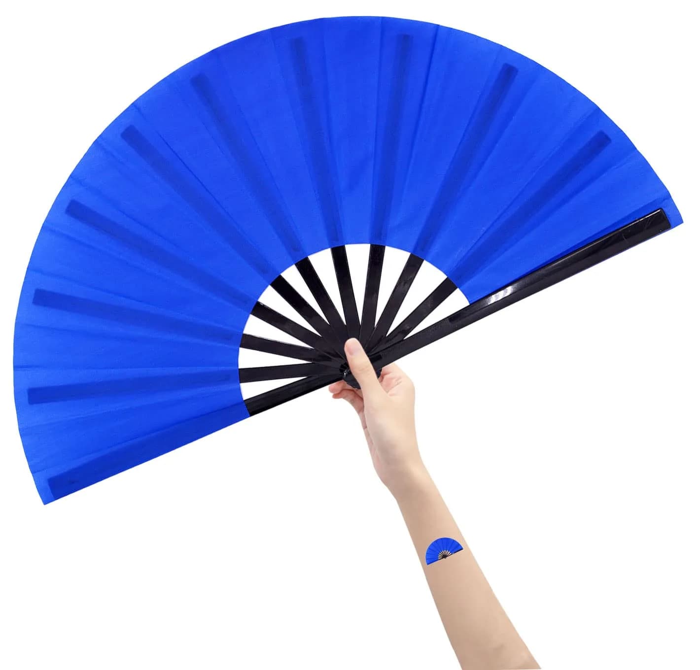 Amajiji Large Folding Hand Fan White 35cm (13.78 inches) | Rave Fan for Dance & Festivals — Blue