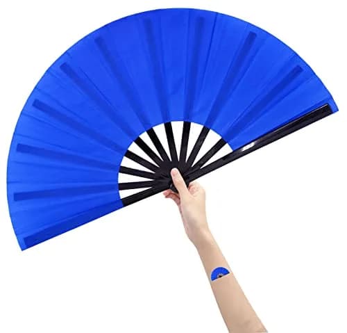 Amajiji Large Folding Fan Blue Nylon-Cloth Plastic Frame 35cm (13.78") | Quick-Open Handheld Fan for Dance & Festivals thumbnail 1