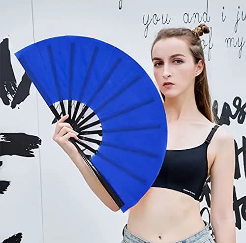 Amajiji Large Folding Fan Blue Nylon-Cloth Plastic Frame 35cm (13.78") | Quick-Open Handheld Fan for Dance & Festivals thumbnail 6