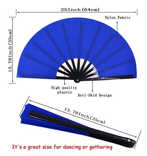 Amajiji Large Folding Fan Blue Nylon-Cloth Plastic Frame 35cm (13.78") | Quick-Open Handheld Fan for Dance & Festivals thumbnail 2