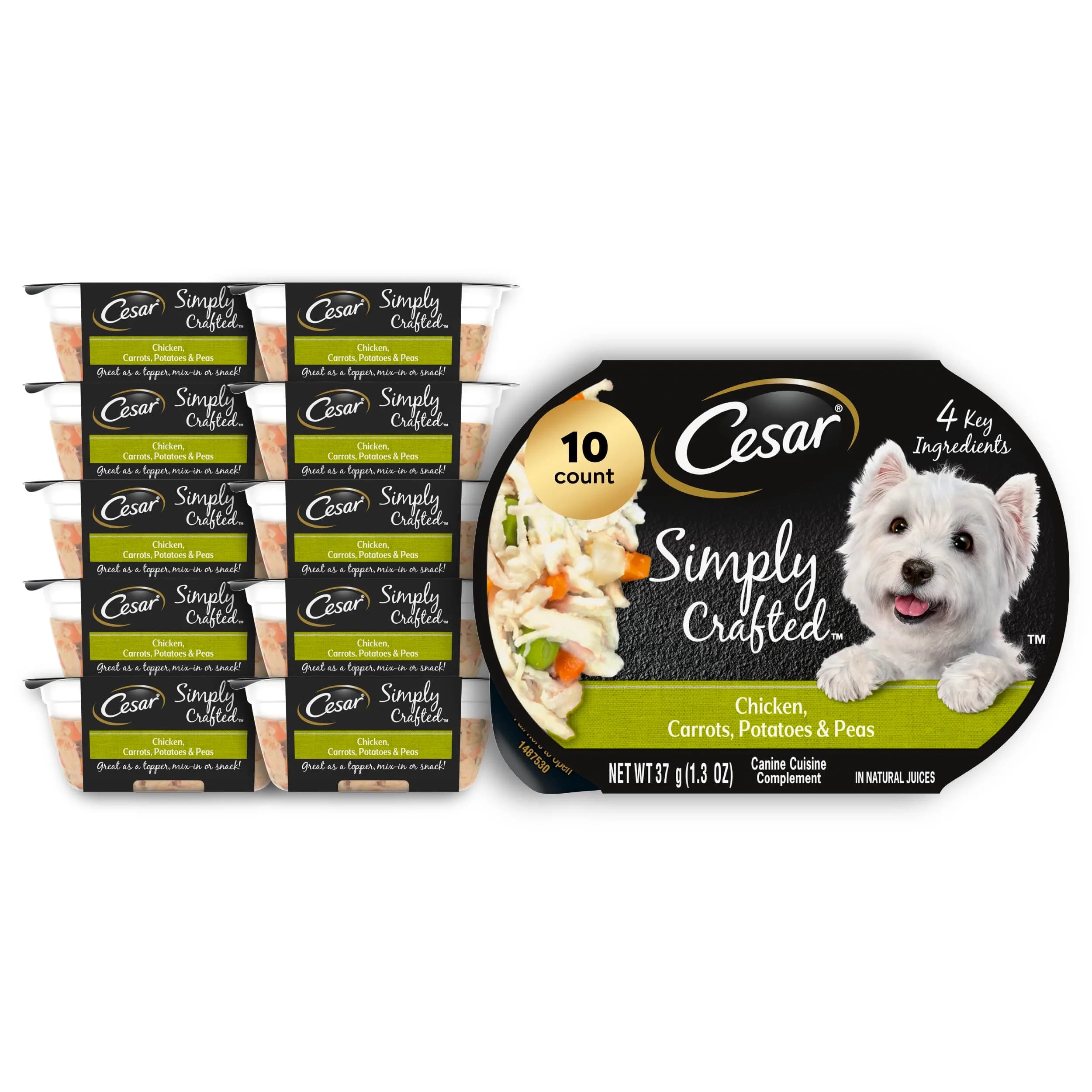 Cesar Simply Crafted Adult Wet Dog Food Toppers for Dry Food, Chicken, 1.3 oz Tub | Real Chicken & Natural Ingredients — Chicken, Carrots & Potatoes