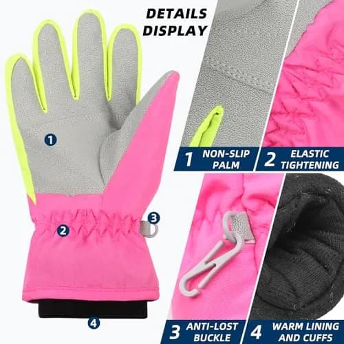 AMYIPO Kids Winter Snow Ski Gloves for Boys Girls 8-9 Years (Pink) | Waterproof & Windproof Fleece Lined thumbnail 8