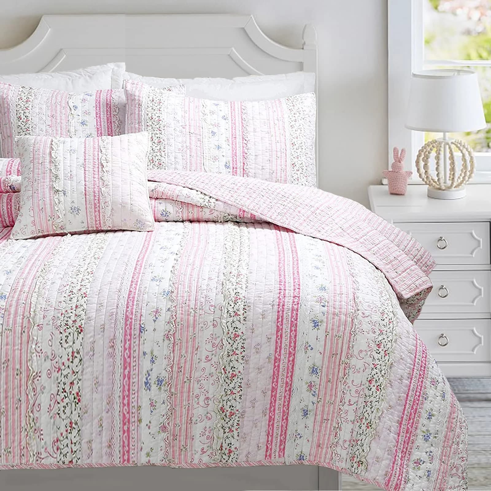 Cozy Line Home Fashions Raelynn Romantic Lace Orchid Purple Blue Flower Print Stripe Cotton 3D Bedding Quilt Set with Sham, Lavender, Twin - 2 Piece — Pink Lace