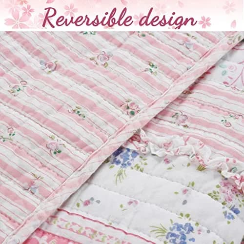 Cozy Line Home Fashions Pink Flower Lace Ruffle Stripe Reversible Quilt Bedding Set, Queen | Shabby Chic Cotton thumbnail 4