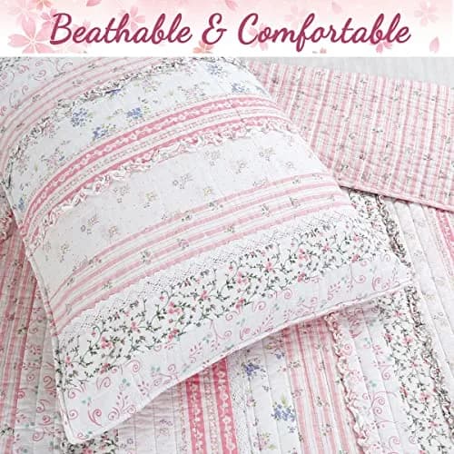 Cozy Line Home Fashions Pink Flower Lace Ruffle Stripe Reversible Quilt Bedding Set, Queen | Shabby Chic Cotton thumbnail 6