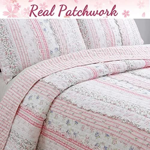 Cozy Line Home Fashions Pink Flower Lace Ruffle Stripe Reversible Quilt Bedding Set, Queen | Shabby Chic Cotton thumbnail 2