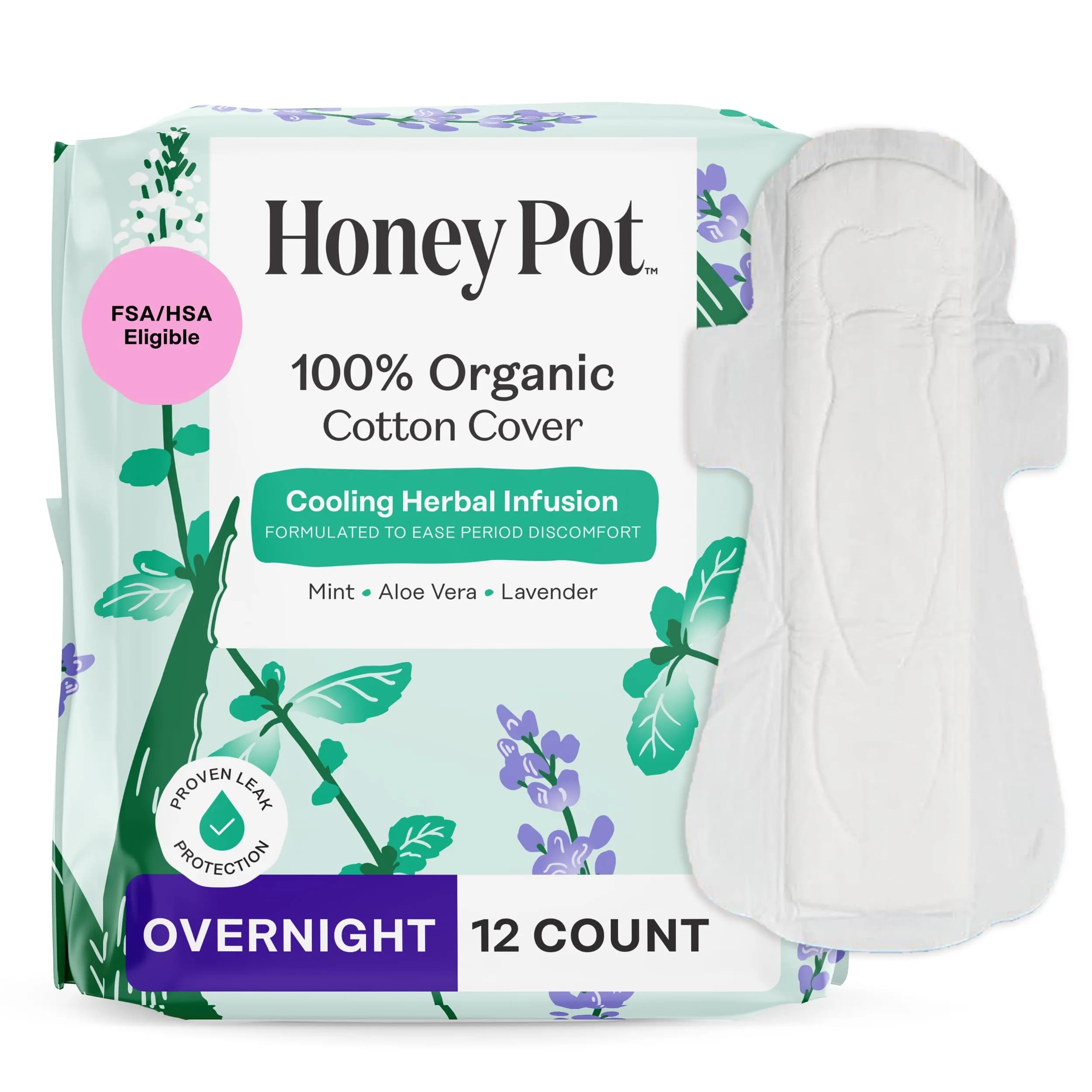 The Honey Pot Company Cooling Herbal Regular Pads 20 Count | Dermatologist Tested for Sensitive Skin — Herbal Overnight