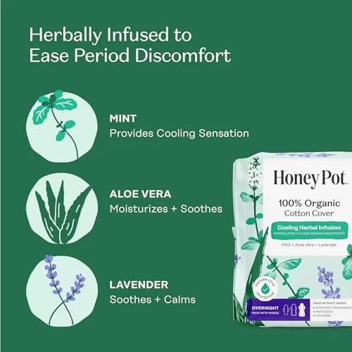The Honey Pot Company Cooling Herbal Overnight Pads with Wings 12 Count (33cm) | Dermatologist Tested for Sensitive Skin thumbnail 3