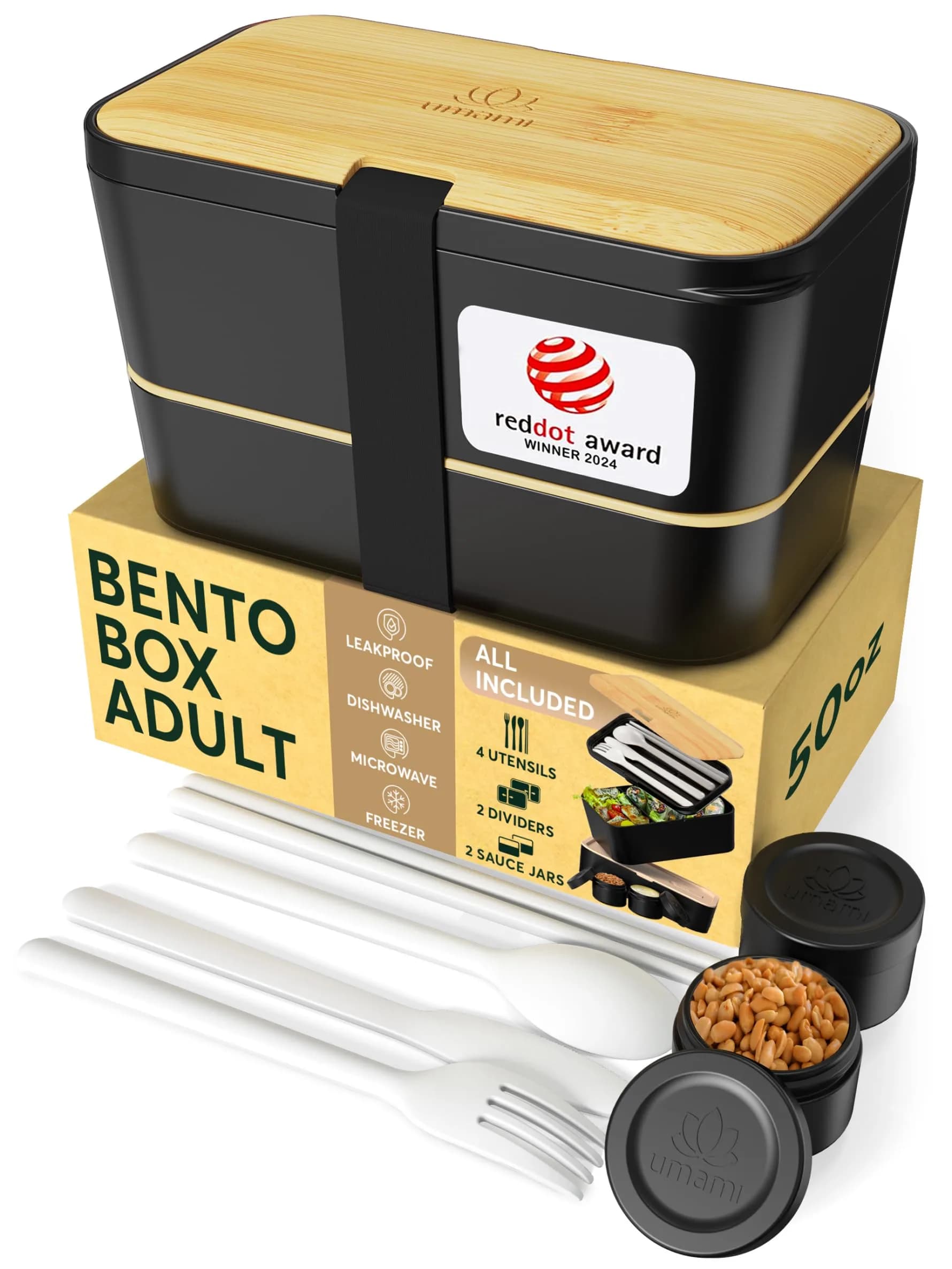 Umami Bento Box Adult, Stackable Lunch Box 1.2L (40 oz) | Leakproof, Microwavable, Dishwasher Safe — One size