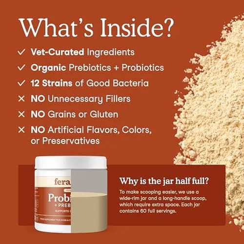 Fera Pets Organic Probiotics for Dogs & Cats with Prebiotics, 60 Scoops | USDA Organic Gut Health Powder Supplement with 12 Strains and 5 Billion CFUs thumbnail 3