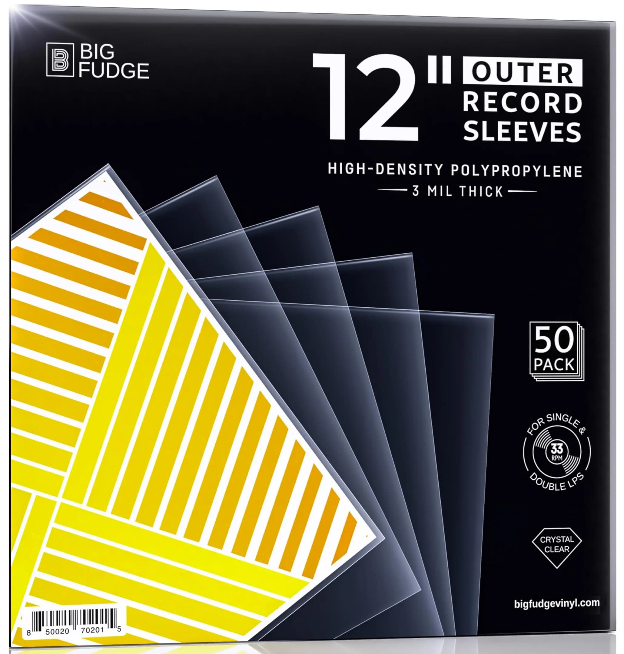 Big Fudge 12" Vinyl Record Outer Sleeves 50 Pack | Crystal Clear Polypropylene LP Album Protection