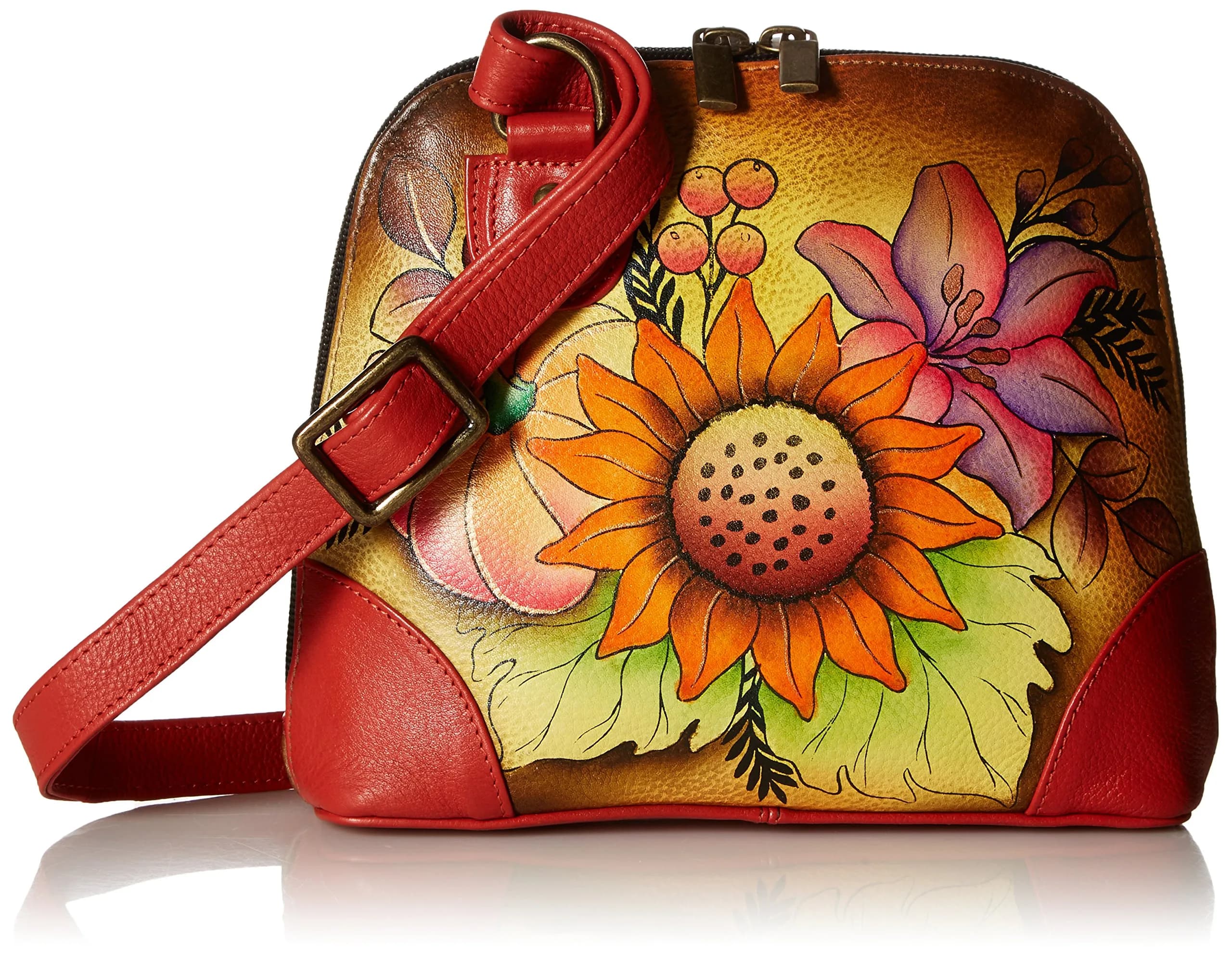 Anna by Anuschka Leather Small Multi Compartment Zip-Around Organizer, Three Kittens | Hand-Painted Artistry — Fall Bouquet